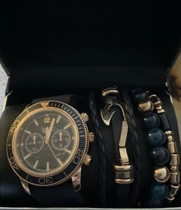 American Exchange Men's Analog Watch And Bracelet Set, Navy Blue + Gold NIB - Picture 1 of 6