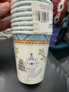 Happy Woodland Boy 9oz Paper Cups 8 Pack Owl Raccoon Birthday Tableware New!!! - Picture 1 of 2