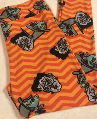 New LuLaRoe Leggings  TC2 Orange Gray 18/22 Frankenstein Faces Halloween Stripe - Image 1 of 4