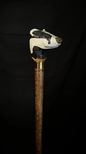 badger handcarved walking stick lime on hazel brass made uk one off - Picture 1 of 4
