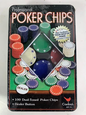 Cardinal Professional Poker 100 Chips w/ Dealer Button Tin Box Game - Image 1 of 4