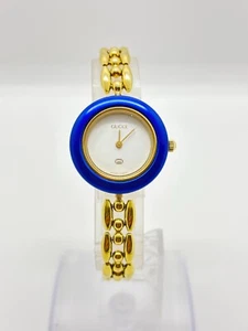 [Exc+5] Reloj GUCCI 11/12 con bisel de cambio esfera blanca azul para mujer usado funcionando - Imagen 1 de 16