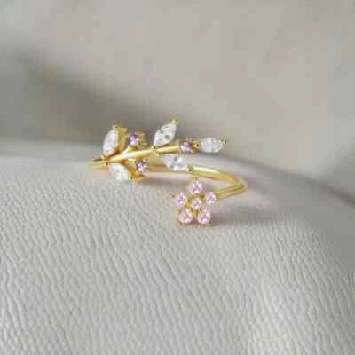 Anillo Florencia Hoja Envoltura 925 Plata Esterlina Circón Joyería Oro Color Ajuste Foto 1 de 4