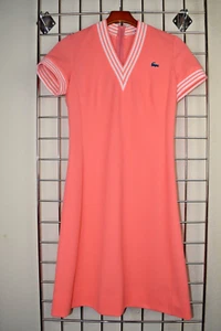 Lacoste Dress VTG 70s Chemise Lacoste Coral w White V Neck Sleeve Trim S/M Poly - Picture 1 of 14