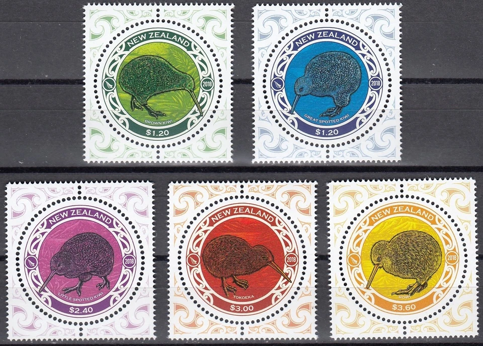Kiwis redondos NOVA ZELÂNDIA 2018, conjunto de 5 MNH - Imagem 1 de 1