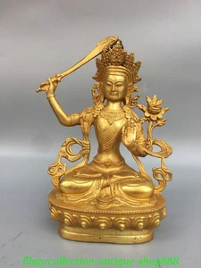 Old Tibet Bronze Gilt Seat Wenshu Manjushri Goddess Buddha Hold Sword Statue - Picture 1 of 9