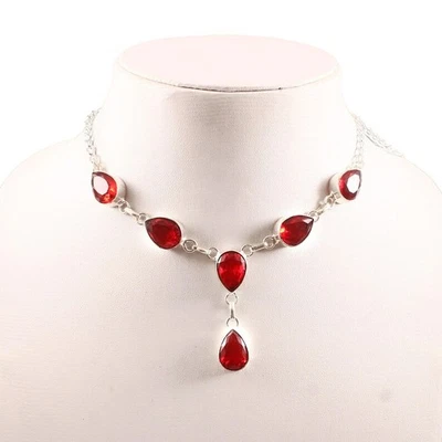 Red Garnet Gemstone Necklace 925 Sterling Silver Handmade Adjustable Jewelry A10 - Image 1 of 4