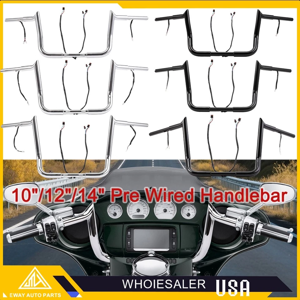 Manillar Meathook de elevación 1-1/4" precableado 10" 12" 14" para Harley Touring 14-2025 Foto 1 de 4