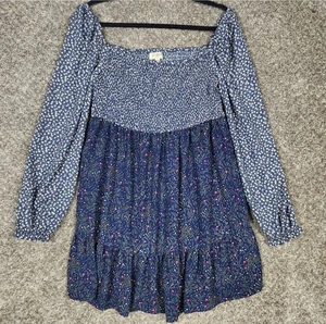 Mini Vestido Umgee Babydoll Talla L Azul Verde Floral Calado Cintura Alta Campesino - Imagen 1 de 13