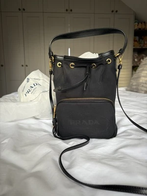PRADA Logo 1BH038 Jacquard Bucket Bag Drawstring 2WAY Shoulder Canvas Black - Image 1 of 4