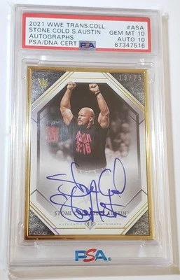STONE COLD STEVE AUSTIN 2021 WWE TOPPS TRANSCENDENT AUTO ON CARD PSA 10/10💎/25 - Image 1 of 4