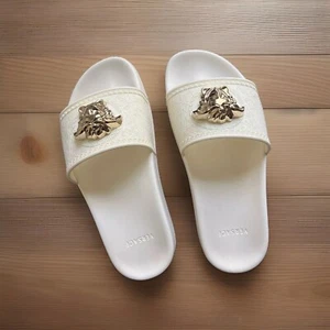 VERSACE Woman Pool Slides GOLD MEDUSA Logo Palazzo SANDALS Size 8 - Picture 1 of 5