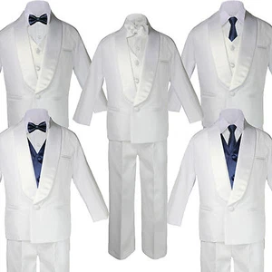 Boy White Shawl Lapel Party Suits Tuxedo to Choose NAVY Satin Bow Necktie Vest - Picture 1 of 7