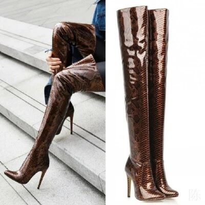 Tacones de aguja altos charol punta puntiaguda mujeres botas hasta el muslo hasta la rodilla Foto 1 de 4