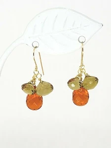 14k Yellow Gold Carnelian and Beer Quartz Briolette Cluster Drop Dangle Earrings - Picture 1 of 5