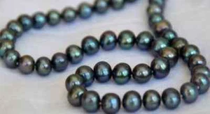 COLLAR PERLA VERDE NEGRO GENUINO TAHITIANO NATURAL 18" 8-9MM 14k - Imagen 1 de 1