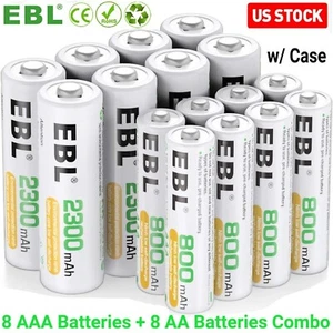 EBL 16x AA AAA Rechargeable Batteries Combo 8 AA 2300mAh & 8 AAA Battery 800mAh - Picture 1 of 11