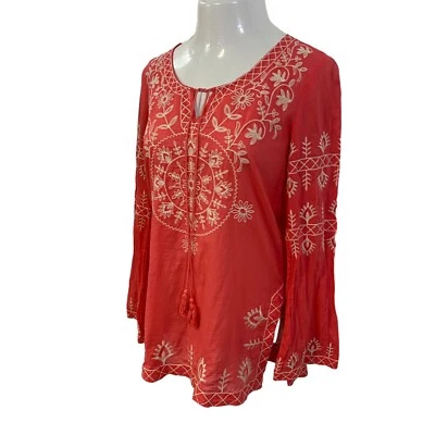 Monoreno Top Womens Medium Orange Tunic Embroidery Boho Shirt Work Fall Casual - Image 1 of 4