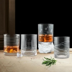 Set of 4 Clear Hand Blown Etched Old Fashioned Tumblers - Picture 1 of 6