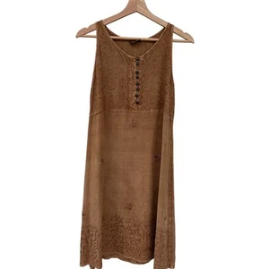 Vintage Geeta Rayon Dress Floral Embroidered Brown Tan Mini Boho Retro Summer - Picture 1 of 7