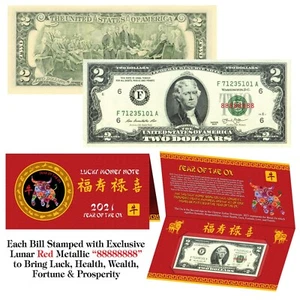 2021 Chinese YEAR of the OX Red Lunar Metallic Lucky 8 Genuine $2 Bill w/ Folder - Picture 1 of 3