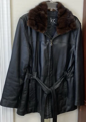 Chaqueta de cuero negra con cuello de visón genuino grande para mujer, hasta la cadera, forrada Foto 1 de 4