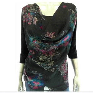 American Glamour Badgley Mischka Damen Bluse Top S schwarz rosa Blumen Stretch - Bild 1 von 2