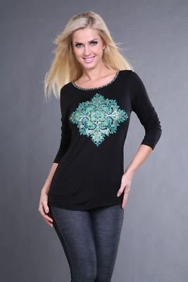 Camiseta Top Mujer Negra Azul Túnica Krista Lee Adornada Cuentas Rayón NUEVA Foto 1 de 4