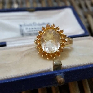 925 Sterling Silver Ring, Natural Citrine Halo, Gold Over, Size O US 7.25 - Picture 1 of 7