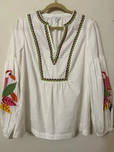 CROWN & IVY EMBROIDERED FLORAL PARROT PEASANT HIPPY POET GYPSY TUNIIC PULLOVER S - Picture 1 of 15