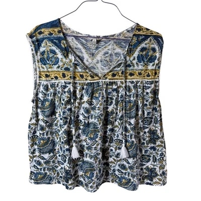 Lucky Brand Sleeveless Tank SZ L Blue Tassel V Neck Boho Bohemian Hippie Cotton - Image 1 of 4
