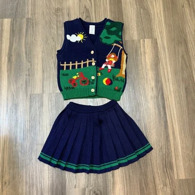 Vintage Toddler Girl 4T Knitted Storybook Scene Vest and Skirt Set - Image 1 of 4