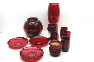 11 pc Vintage Ruby Red Glass Flower Vase+Cups+Goblet+Candle Holder+Plates+Globe - Picture 1 of 6