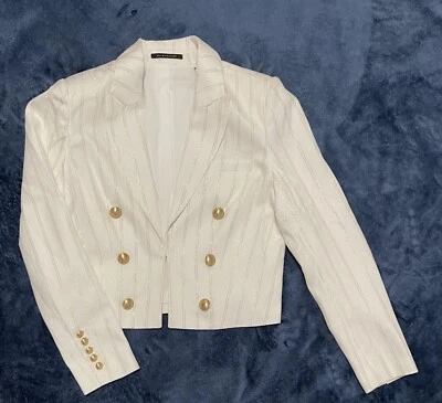 Blazer recortado a rayas metálicas ELIE TAHARI $450 S blanco cielo/lino dorado suave Foto 1 de 4