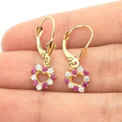 Pendientes colgantes de oro 14k con corazón de rubí con palanca Foto 1 de 4