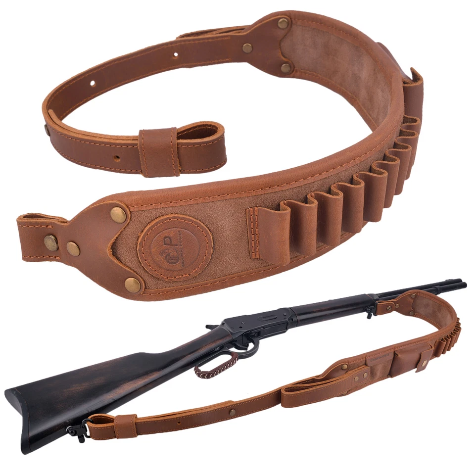 OP ORIGINAL POWER Cow Hide Leather Rifle Gun Sling Ammo Cartridge Shell Holder in Brown Black