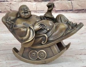 Bronze Laughing Fat Buddha Art Religious Statue Wellbeing Happiness Good luck NR - Picture 1 of 10