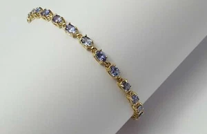 Oval Cut Lab Created Tanzanite 14K Yellow Gold Plated Tennis Bracelet 7" - Picture 1 of 5