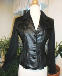 1980's 80s Vintage CHIA LEATHER Nip Waist Hourglass Peplum Jacket Sheer Sleeve S - Picture 1 of 8