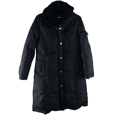 Abrigo DKNY Mujer Negro Acolchado Puffer Capucha Con Botones Plateados Talla S Foto 1 de 4
