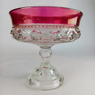 Royal Ruby Red Thumbprint Kings Crown Vintage Glass Pedestal Footed Candy Dish - Image 1 of 4