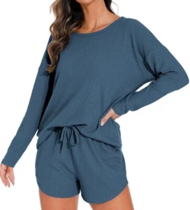 Womens Waffle Knit Pajama Sets Long Sleeve Top and Shorts Loungewear Sweatsuit - Picture 1 of 17