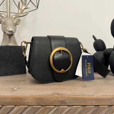 Polo Ralph Lauren Belt Saddle Bag Lennox Leather Cross Body Medium Black Gold - Image 1 of 4