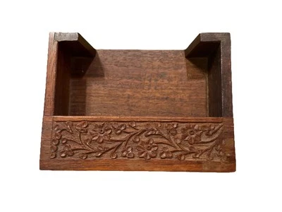 Vtg Handmade Wooden Hand Carved Floral Wood napkin Holder Desk Organizer Unique - Image 1 of 4