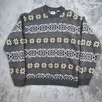 Vintage GAP Sweater Mens XL Gray Wool Shetland Fair Isle Crewneck Winter 90s - Image 1 of 4