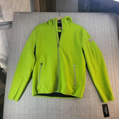 Guess Jacket Mens Small Lime Green Hooded Softshell Full Zip Fleece Lined Logo - Image 1 of 4