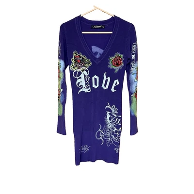 Ed Hardy Size XS Love Kills Slowly Purple Tattoo Graphic Y2K Sweater Dress - image 1 of 4