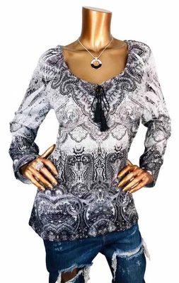 One World Unity M Top Stretch Tunic Multi Print Studded Blouse Black Gray LongSl - Image 1 of 4