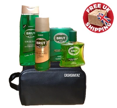 Men`s Brut Original 4 Piece Gift Set Shower Gel Boxed Aftershave Spray + Bag