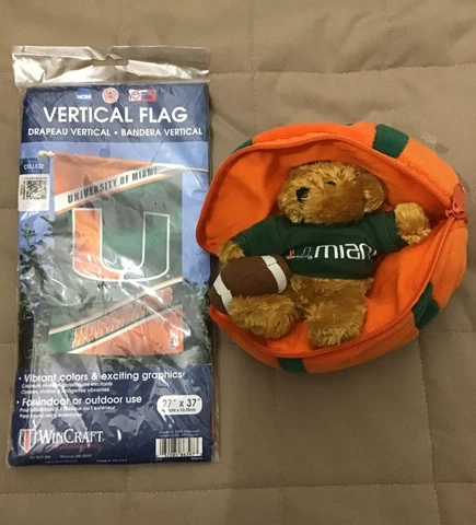 LOT University of Miami Hurricanes Football Bear Plush Land + UM Vertical Flag Cover